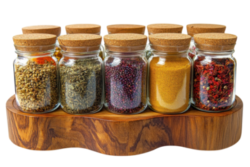 Eight glass spice jars with cork lids on a wooden stand filled with colorful herbs and spices on transparent background