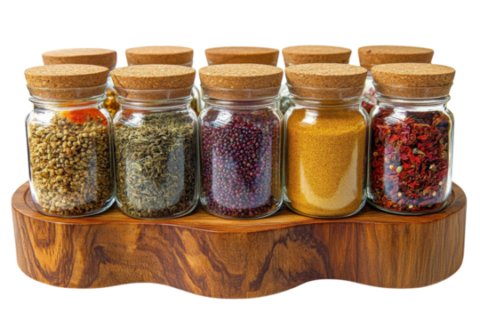 Eight glass spice jars with cork lids on a wooden stand filled with colorful herbs and spices on transparent background - Powered by Adobe
