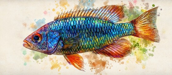 Colorful fish watercolor art, aquatic life, vibrant scales, nature background, aquarium decor