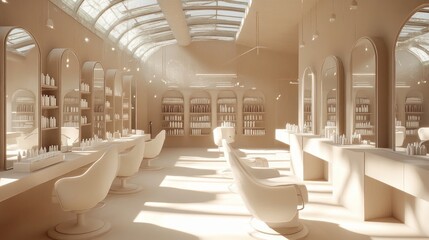 Obraz premium Interior design of a minimalist, light-filled hair salon.