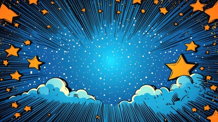 Night sky burst, stars, clouds, comic style, graphic design