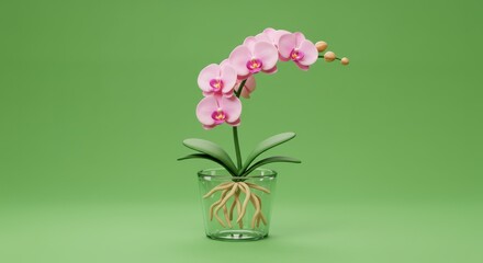 Pink orchid plant with roots in a glass vase on a green background, displaying floral beauty and botanical elegance