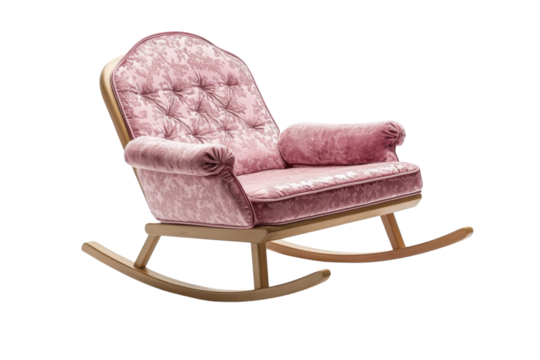 Elegant pink floral rocking chair gently curved wooden base luxurious padded cushions isolated on transparent background