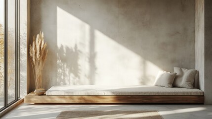 Minimalist interior features daybed with natural light and pampas grass