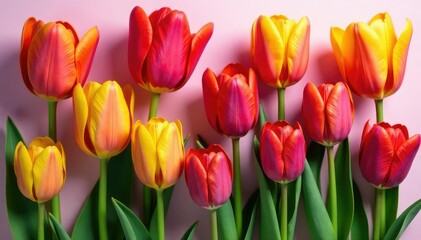 Fototapeta premium Bold stylized tulips arranged in a square grid , bold, pattern, leaves