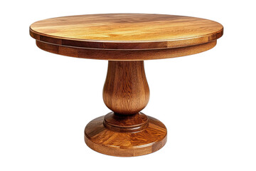 Elegant round pedestal table crafted from rich warm oak wood showcasing intricate grain detail on transparent background