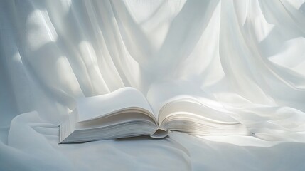 An open book with blank white pages placed against a plain background