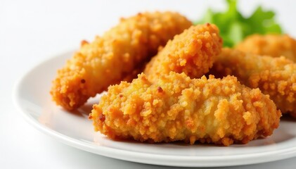 Close-up of crispy fried chicken strips on white , food photography, grease