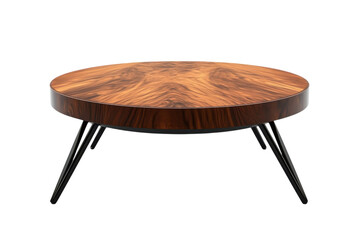 Elegant round wooden coffee table with sleek black legs perfect for modern interiors Rich wood on transparent background