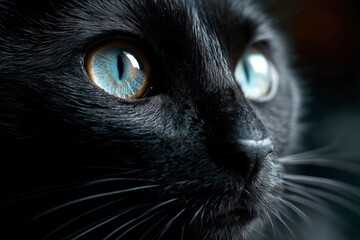 Close Up Black Cat with Stunning Blue Eyes Staring Intently