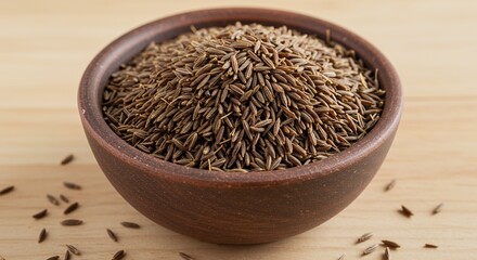 Brown Bowl of Cumin Seeds on Light Wood Surface