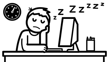 Tired Office Worker Sleeping at Desk, Black and White Illustration