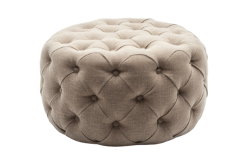 Elegant tufted ottoman beige fabric round shape luxurious texture comfortable seating stylish on transparent background