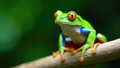 Naklejka premium Green tree frog perched on white, vibrant skin details, bright, tree frog