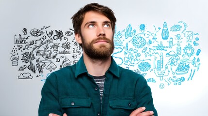A pensive man contemplates contrasting ideas.
