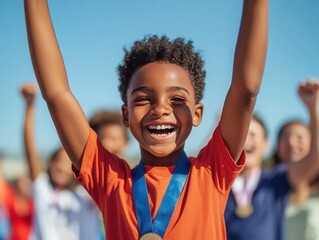 Young athletes celebrate victory together in a joyful and motivational sports gathering under a clear blue sky.