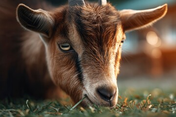 Goat Eating Grass Close-up Portrait in Meadow with Soft Lighting