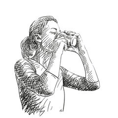Hand-drawn vector illustration of a woman drinking from a cup with both hands. Black and white sketch with expressive hatching, isolated on white. Ideal for beverage, lifestyle, and everyday moments