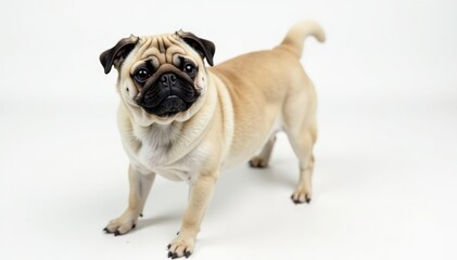Fototapeta premium Playful pug standing, white backdrop, ears up, animal, dog, funny dog
