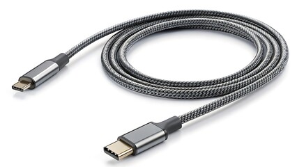 Fototapeta premium Braided usb type c cable with metallic connectors on white background