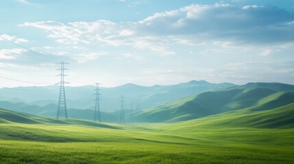 Obraz premium A row of transmission towers fading into the distance across green hills, symbolizing energy connectivity