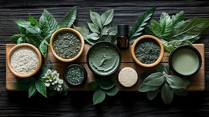 Organic skincare ingredients and products on wood.