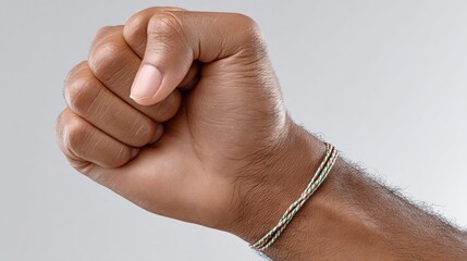 Close-Up of a Human Hand Clenching a Fist with Colorful Bracelet Against a Simple Background
