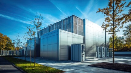 Obraz premium Modern electrical substation with transformers and switchgear, captured under a clear blue sky