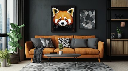 Painting with red panda above the sofa in a modern apartment