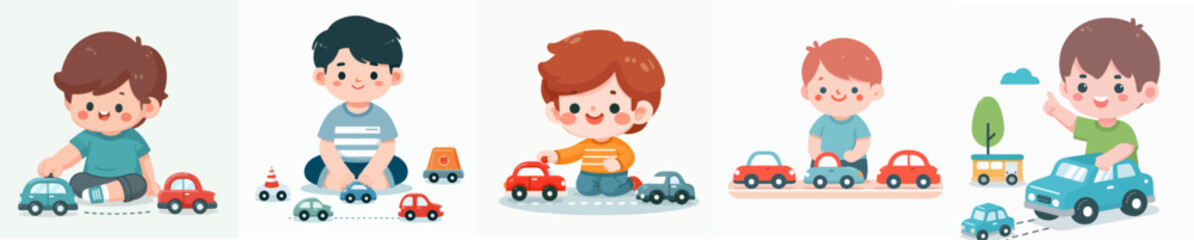 Vector collection of a happy little boy playing with toy cars