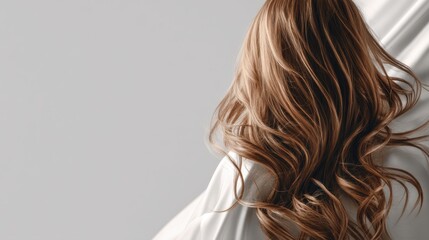 Fototapeta premium Beautiful model girl with Brown hair strand,silky healthy chestnut wavy hair strand,hair wavy ribbon, with smooth,Keratin straightening,Treatment,straight long hair,procedures,Smooth hairstyle.
