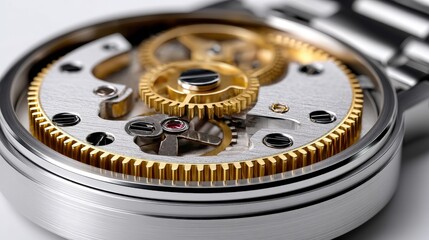 Intricate Detail of Mechanical Watch Movement with Golden Gears and Silver Metal Components