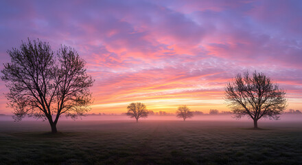 Tree Silhouette at Sunrise over Foggy Field