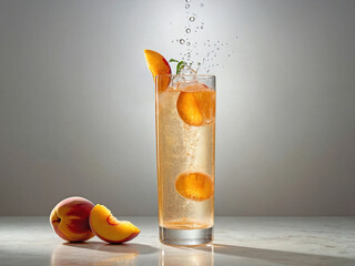A tall highball glass filled with bubbly peach fizz