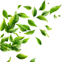 Green tea leaves floating in the air, transparent background