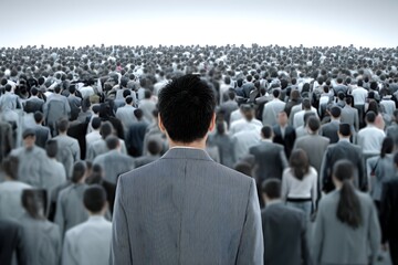 A single individual facing a multitude of people.