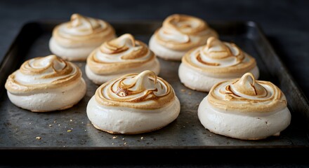 Golden Brown Swirled Meringues on Dark Gray Baking Sheet