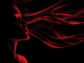 Woman's Profile Illuminated With Flowing Red Hair Against a Dark Backdrop Capturing Beauty and Mystique in a Striking Silhouette