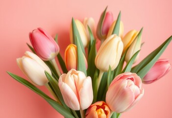 Fototapeta premium Beautiful Pastel Pink and Peach Tulips Bouquet Spring Flowers Close Up Shot