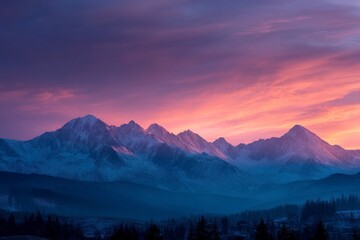 Snowy Mountain Peaks at Dramatic Sunset with Pink and Purple Clouds