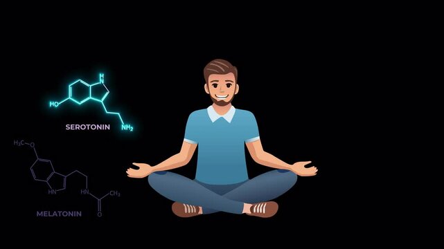 Animated video of a man in meditation pose with male hormones molecules structures appearing one by one with glow effect, symbolizing hormone balance, emotional balance and male health, alpha channel 