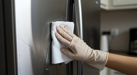 Obraz premium Hand in White Glove Cleaning Stainless Steel Appliance