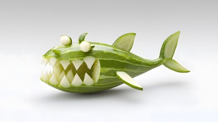 A fierce and unconventional underwater predator designed with a cucumber body and jagged jicama teeth creating a surreal and imaginative sea creature concept