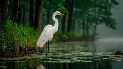 Obraz premium White heron stands calmly by a lush, green wetland riverbank, surrounded by reeds and trees in early spring mist.