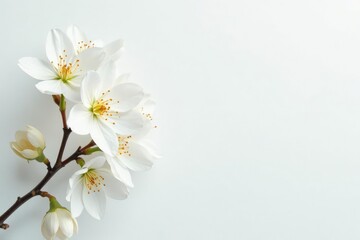 Delicate white blossoms against pure white backdrop, peaceful, minimal, image