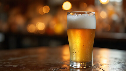 a frosted glass of pale ale with condensation, resting on a polished stone bar surface, soft warm light reflecting off the glass, hazy bokeh lights behind