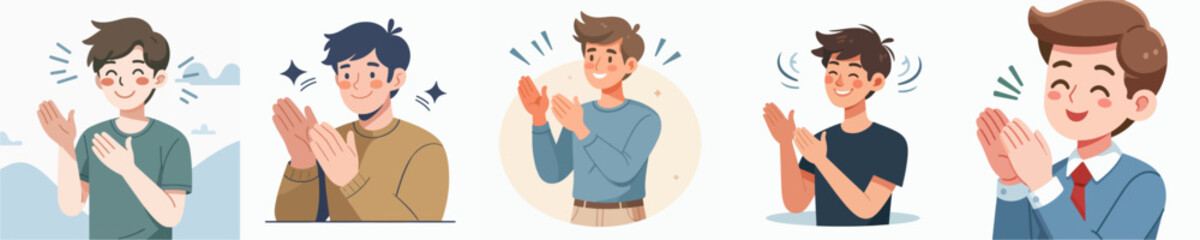 Vector collection of a young man happily clapping his hands