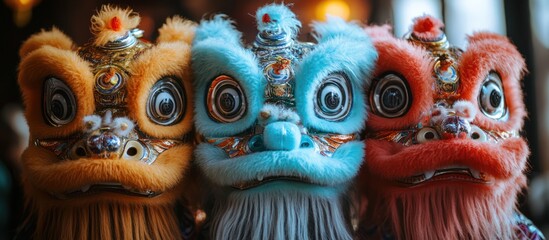 Colorful lion dance costumes displayed
