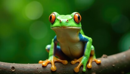 Green tree frog perched on white, vibrant skin , closeup, white background, tree frog
