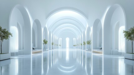 Bright spacious white hallway with arches and trees inside